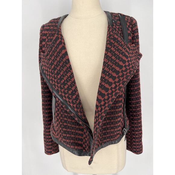 Tracy Reese Anthropologie Motto Zip Tweed Leather Trim Red Black Jacket Blazer 2 - Picture 3 of 16
